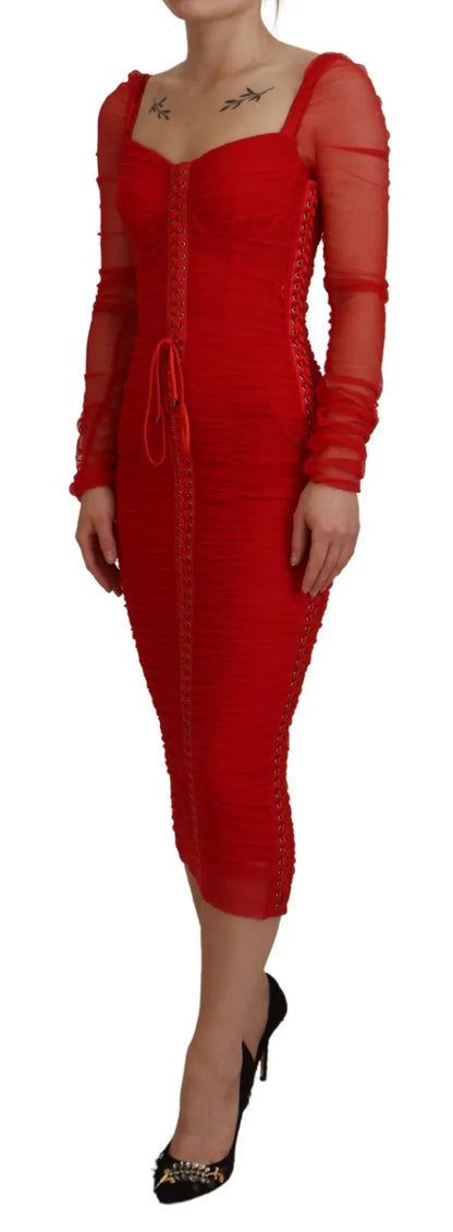 Dolce & Gabbana Red Mesh Trim Bodycon Sheath Midi Dress Dolce & Gabbana