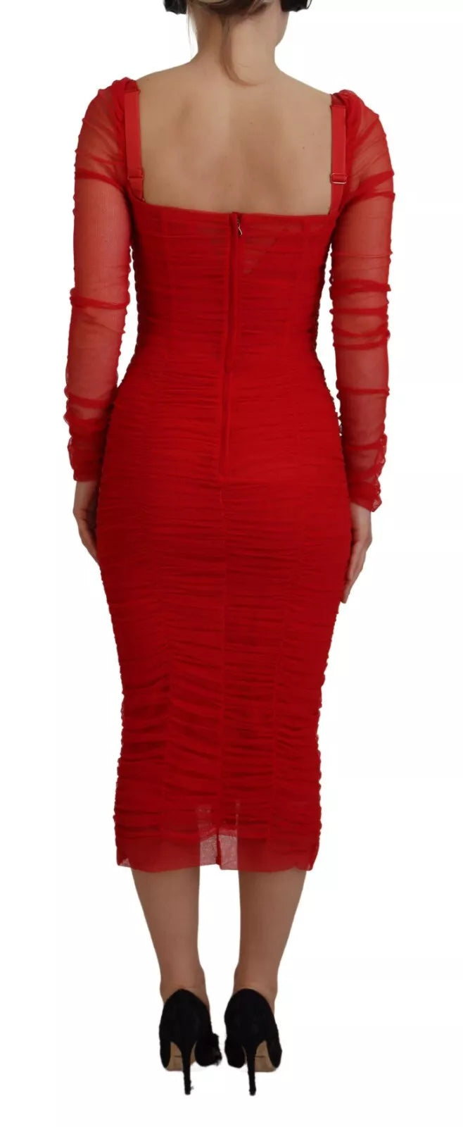 Dolce & Gabbana Red Mesh Trim Bodycon Sheath Midi Dress Dolce & Gabbana