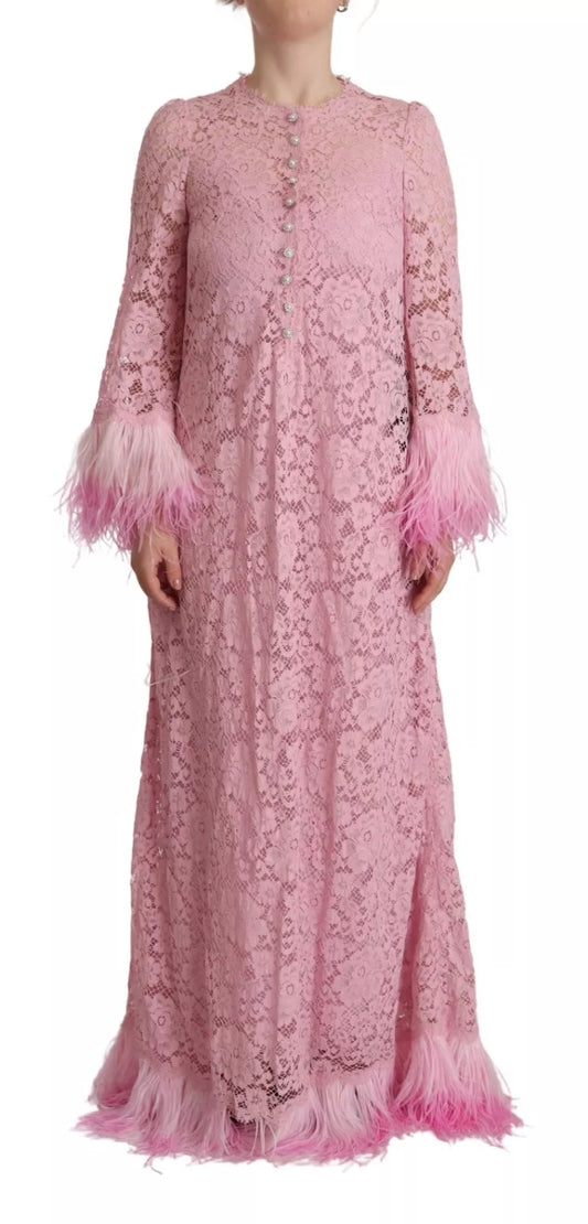 Dolce & Gabbana Shift Lilac Lace Feathers Long Sleeves Dress Dolce & Gabbana