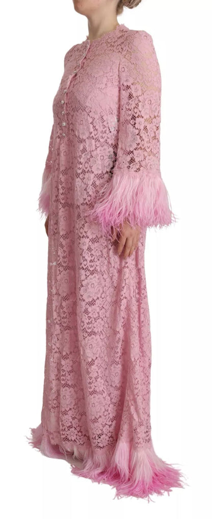 Dolce & Gabbana Shift Lilac Lace Feathers Long Sleeves Dress Dolce & Gabbana