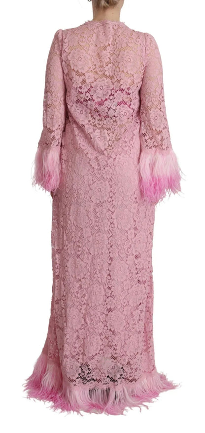 Dolce & Gabbana Shift Lilac Lace Feathers Long Sleeves Dress Dolce & Gabbana