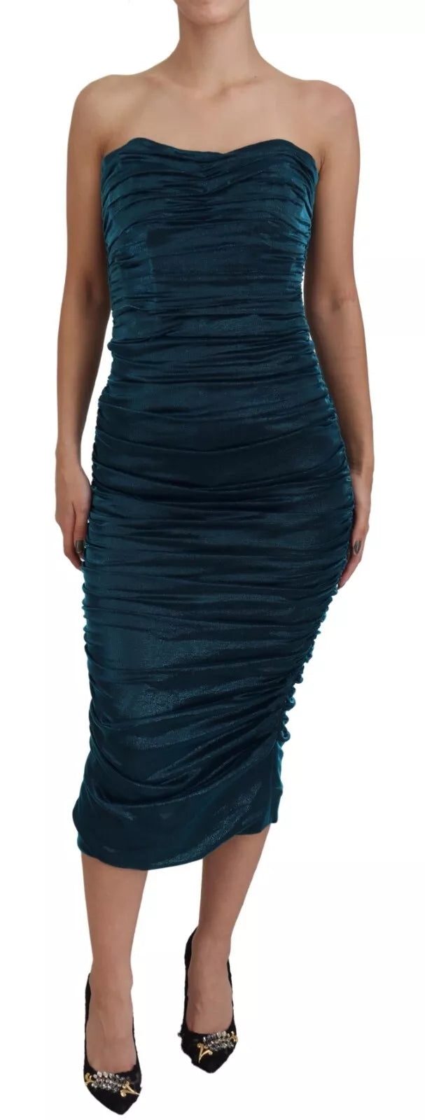 Dolce & Gabbana Silk Blend Blue Satin Fitted Strapless Dress Dolce & Gabbana