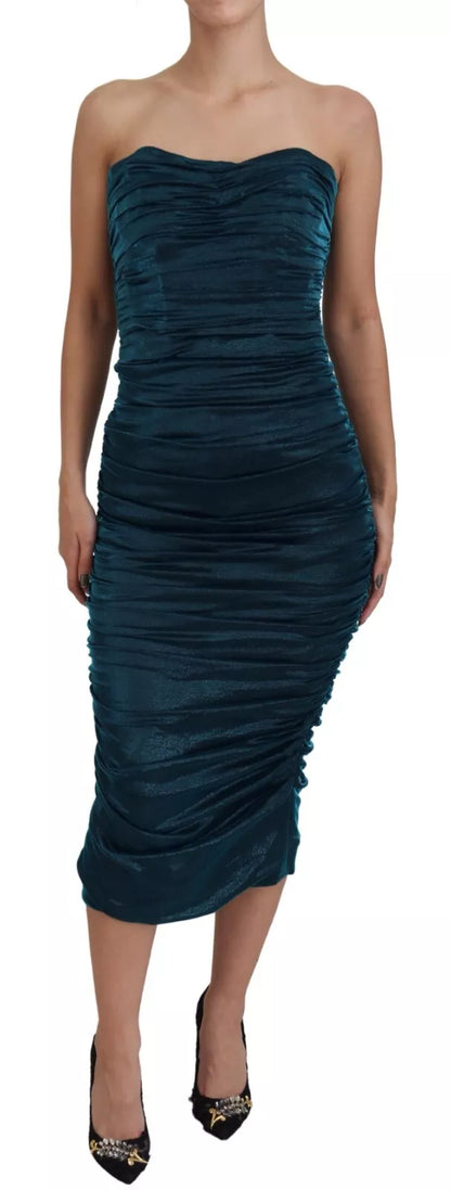 Dolce & Gabbana Silk Blend Blue Satin Fitted Strapless Dress Dolce & Gabbana