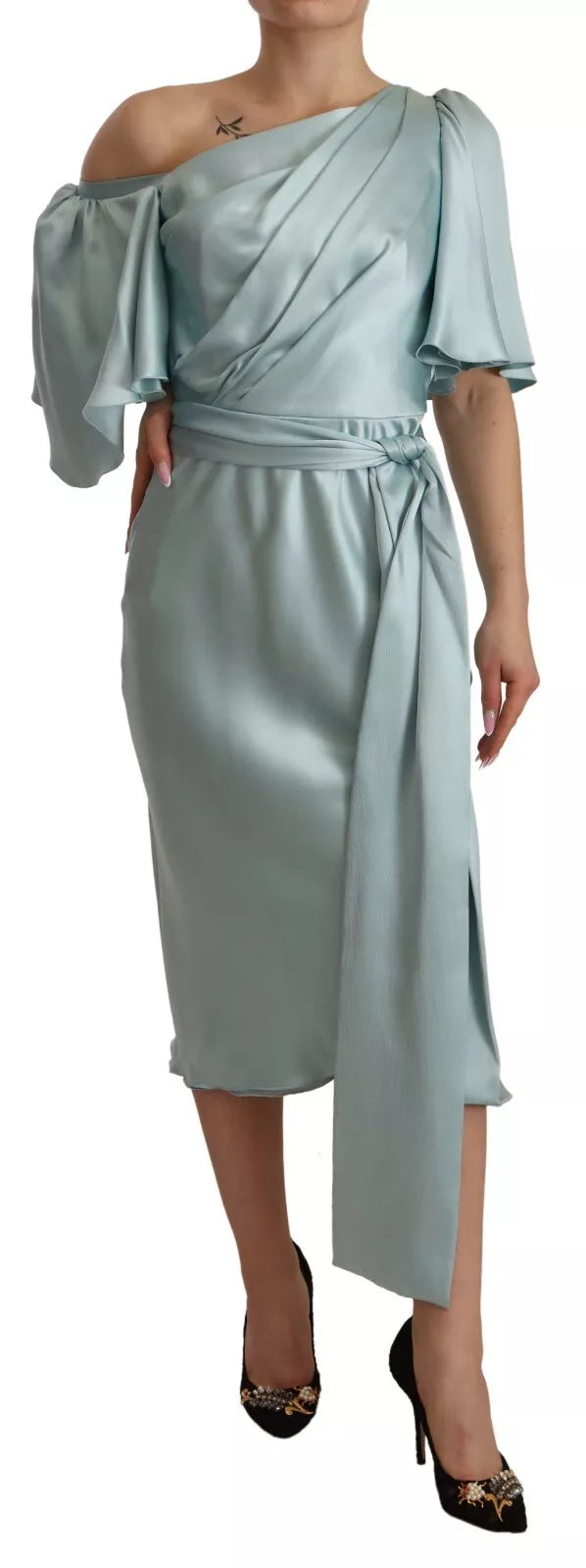 Dolce & Gabbana Silk Mint Green Fit Cut One Shoulder Midi Dress Dolce & Gabbana