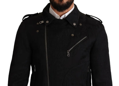 Dolce & Gabbana Black Brocade Full Zip Biker Coat Jacket Dolce & Gabbana