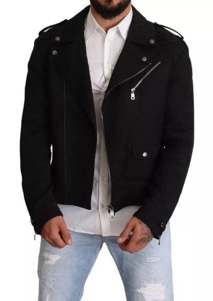 Dolce & Gabbana Black Brocade Full Zip Biker Coat Jacket Dolce & Gabbana