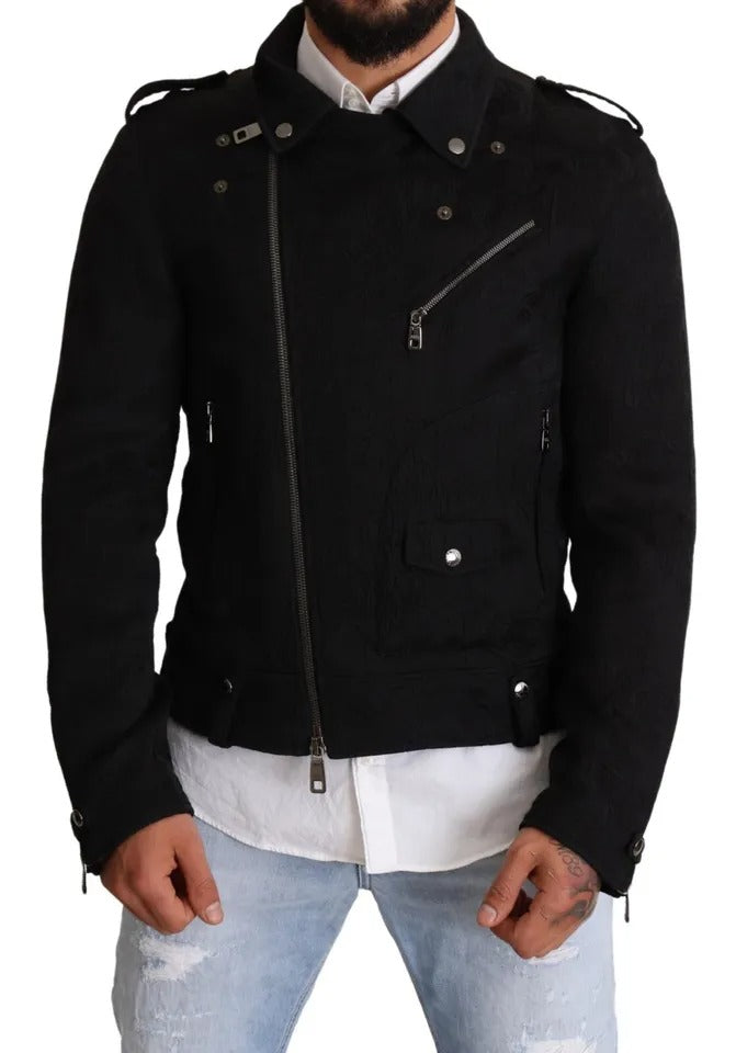 Dolce & Gabbana Black Brocade Full Zip Biker Coat Jacket Dolce & Gabbana