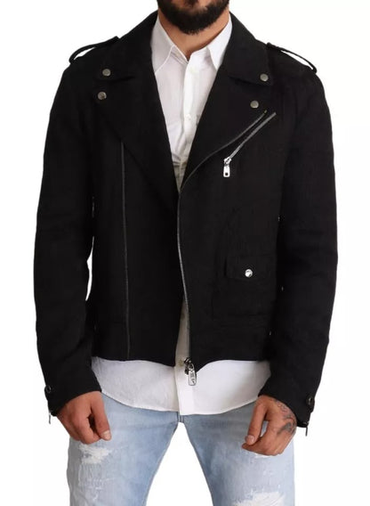 Dolce & Gabbana Black Brocade Full Zip Biker Coat Jacket Dolce & Gabbana