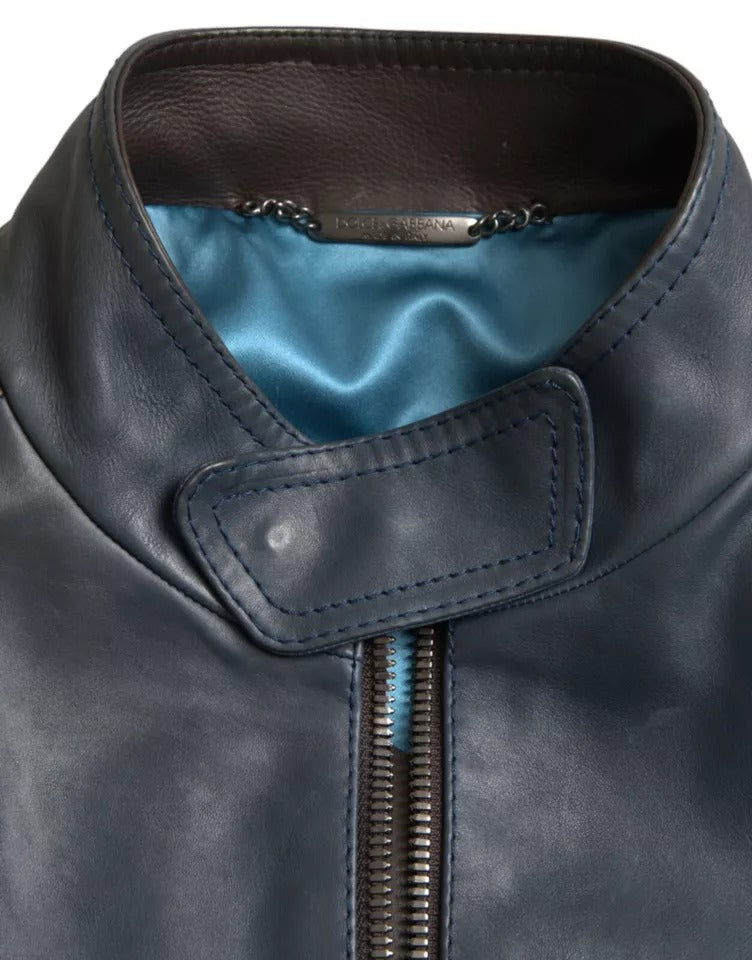 Dolce & Gabbana Blue Leather Full Zip Biker Blouson Jacket Dolce & Gabbana