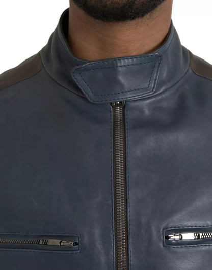 Dolce & Gabbana Blue Leather Full Zip Biker Blouson Jacket Dolce & Gabbana