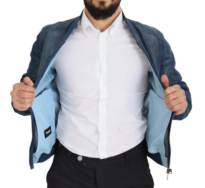 Dolce & Gabbana Blue Leather Perforated Full Zip Jacket Dolce & Gabbana