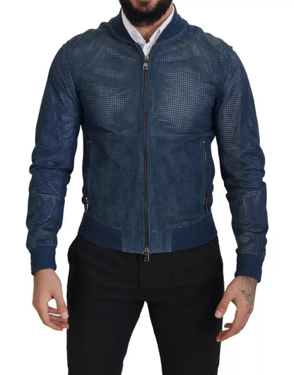 Dolce & Gabbana Blue Leather Perforated Full Zip Jacket Dolce & Gabbana