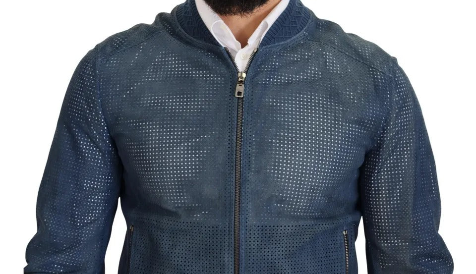 Dolce & Gabbana Blue Leather Perforated Full Zip Jacket Dolce & Gabbana