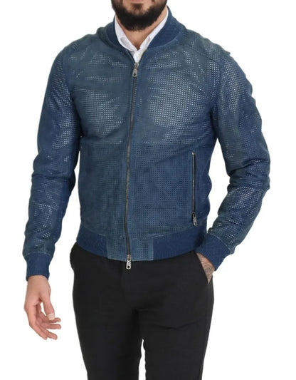 Dolce & Gabbana Blue Leather Perforated Full Zip Jacket Dolce & Gabbana