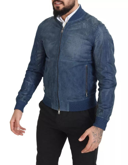 Dolce & Gabbana Blue Leather Perforated Full Zip Jacket Dolce & Gabbana