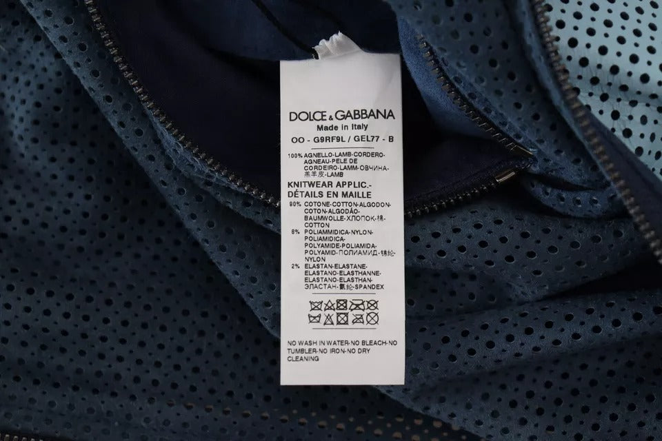 Dolce & Gabbana Blue Leather Perforated Full Zip Jacket Dolce & Gabbana