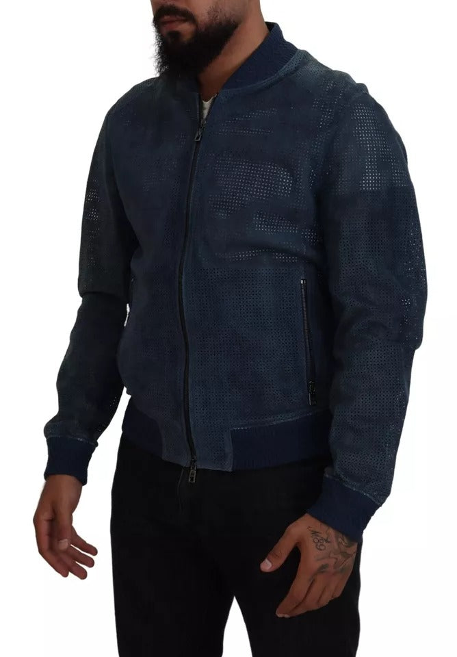 Dolce & Gabbana Blue Leather Perforated Full Zip Jacket Dolce & Gabbana