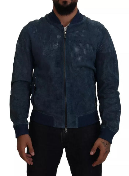 Dolce & Gabbana Blue Leather Perforated Full Zip Jacket Dolce & Gabbana