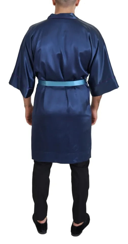 Dolce & Gabbana Blue Satin Silk Waist Belt Robe Jacket Dolce & Gabbana