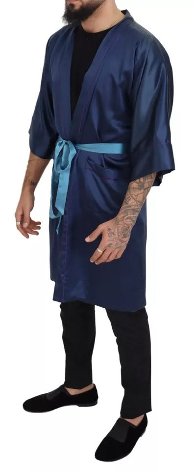 Dolce & Gabbana Blue Satin Silk Waist Belt Robe Jacket Dolce & Gabbana