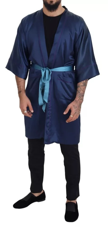 Dolce & Gabbana Blue Satin Silk Waist Belt Robe Jacket Dolce & Gabbana