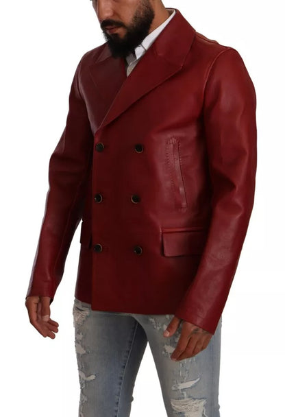 Dolce & Gabbana Red Double Breasted Leather Coat Jacket Dolce & Gabbana