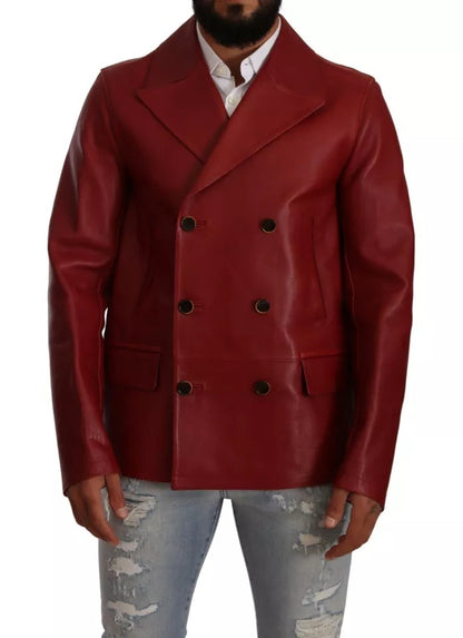 Dolce & Gabbana Red Double Breasted Leather Coat Jacket Dolce & Gabbana