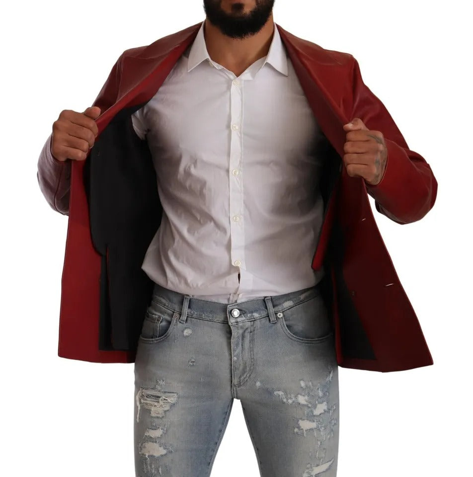 Dolce & Gabbana Red Double Breasted Leather Coat Jacket Dolce & Gabbana