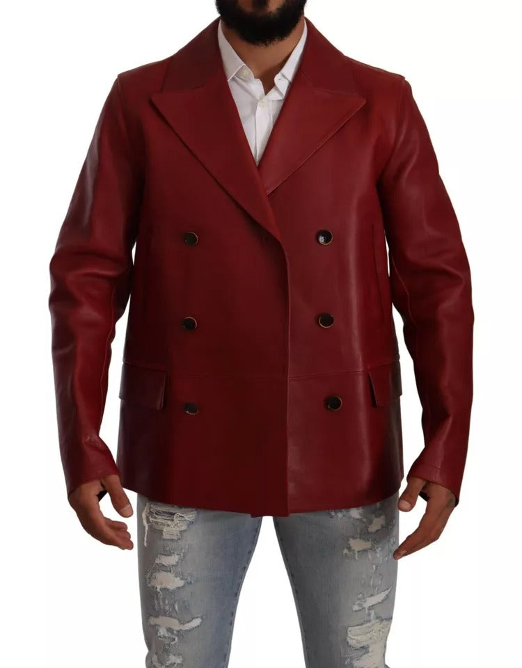 Dolce & Gabbana Red Double Breasted Leather Coat Jacket Dolce & Gabbana