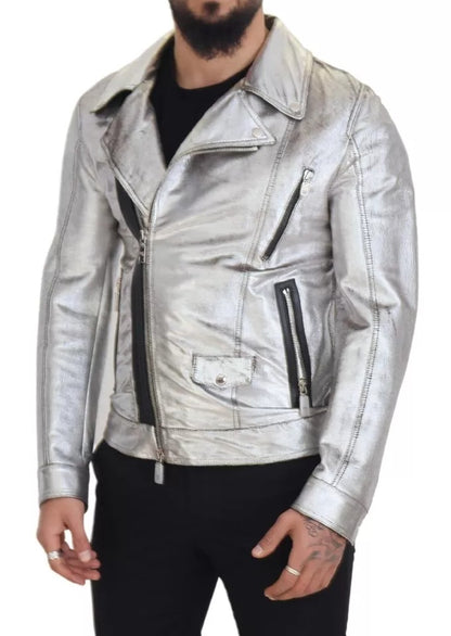 Dolce & Gabbana Silver Leather Biker Coat Lambskin Jacket Dolce & Gabbana