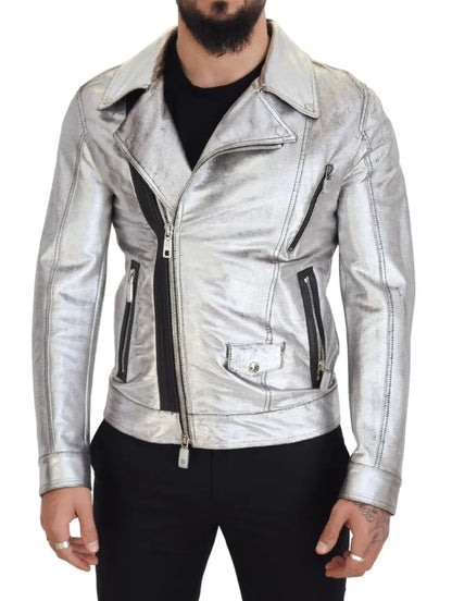 Dolce & Gabbana Silver Leather Biker Coat Lambskin Jacket Dolce & Gabbana