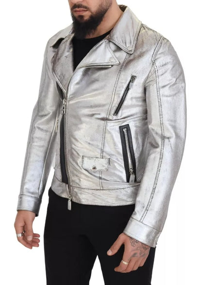 Dolce & Gabbana Silver Leather Biker Coat Lambskin Jacket Dolce & Gabbana