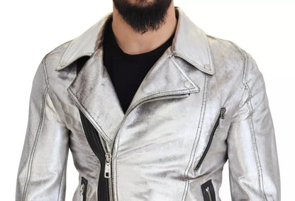 Dolce & Gabbana Silver Leather Biker Coat Lambskin Jacket Dolce & Gabbana