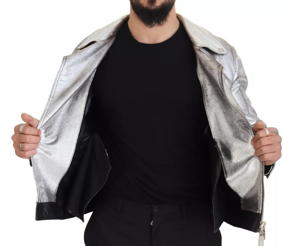 Dolce & Gabbana Silver Leather Biker Coat Lambskin Jacket Dolce & Gabbana