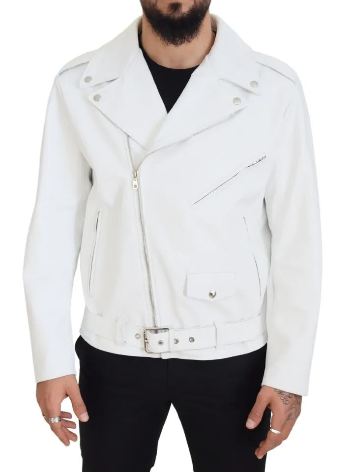 Dolce & Gabbana White Leather Biker Coat Zipper Jacket Dolce & Gabbana