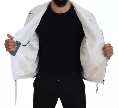 Dolce & Gabbana White Leather Biker Coat Zipper Jacket Dolce & Gabbana