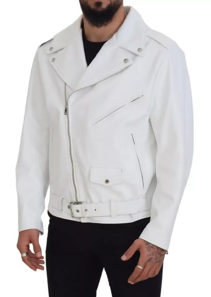 Dolce & Gabbana White Leather Biker Coat Zipper Jacket Dolce & Gabbana