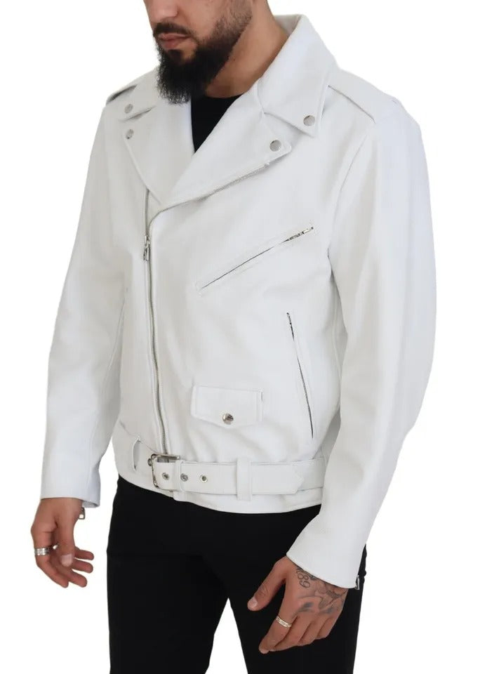 Dolce & Gabbana White Leather Biker Coat Zipper Jacket Dolce & Gabbana