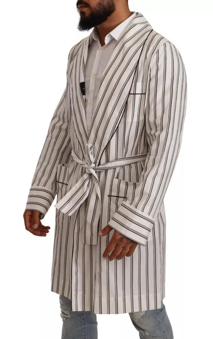 Dolce & Gabbana White Striped Cotton Robe Coat Wrap Jacket Dolce & Gabbana