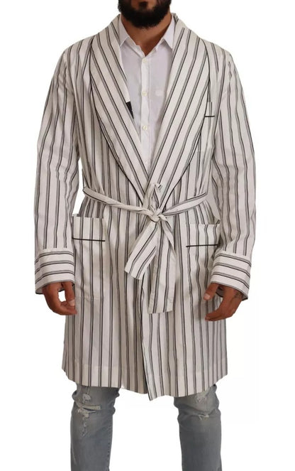 Dolce & Gabbana White Striped Cotton Robe Coat Wrap Jacket Dolce & Gabbana