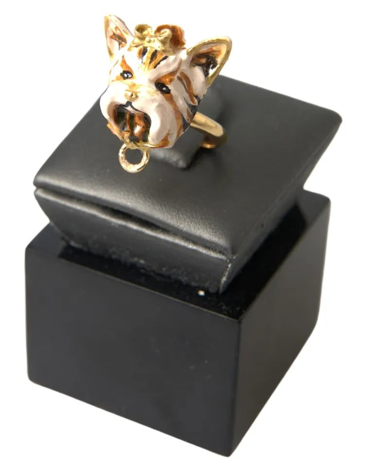 Dolce & Gabbana Gold Brass Resin Beige Dog Pet Accessory Ring Dolce & Gabbana