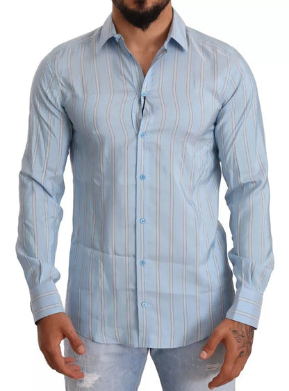 Dolce & Gabbana Blue Striped Silk Formal Dress MARTINI Shirt Dolce & Gabbana