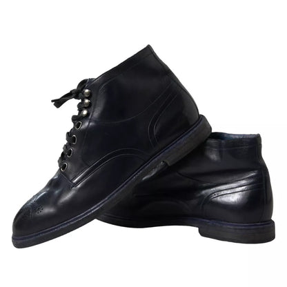 Dolce & Gabbana Navy Blue Leather Lace Up Ankle Boots Shoes Dolce & Gabbana