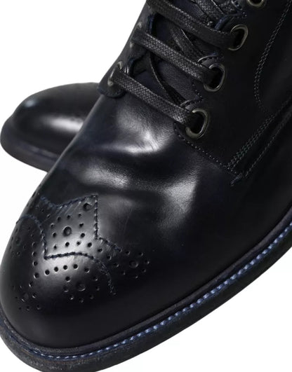 Dolce & Gabbana Navy Blue Leather Lace Up Ankle Boots Shoes Dolce & Gabbana