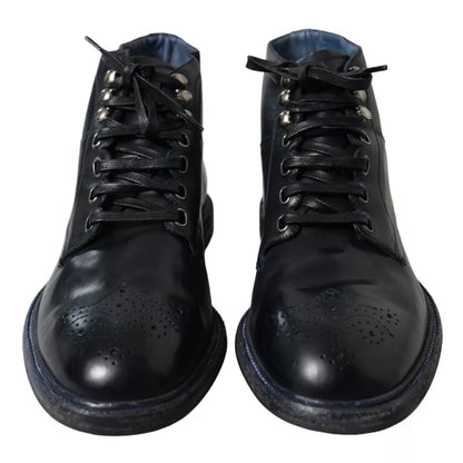 Dolce & Gabbana Navy Blue Leather Lace Up Ankle Boots Shoes Dolce & Gabbana