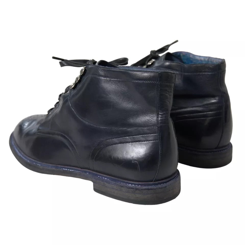 Dolce & Gabbana Navy Blue Leather Lace Up Ankle Boots Shoes