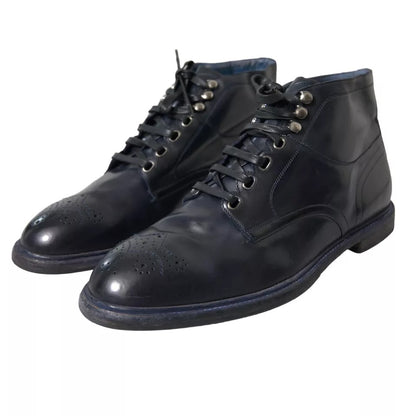 Dolce & Gabbana Navy Blue Leather Lace Up Ankle Boots Shoes Dolce & Gabbana