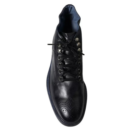 Dolce & Gabbana Navy Blue Leather Lace Up Ankle Boots Shoes Dolce & Gabbana