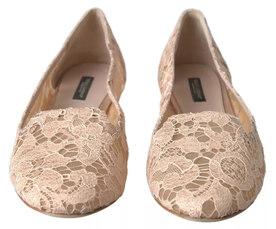 Dolce & Gabbana Beige Floral Lace Loafers Flats Shoes Dolce & Gabbana