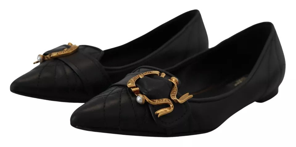 Dolce & Gabbana Black Devotion Leather Pointy Flats Shoes Dolce & Gabbana